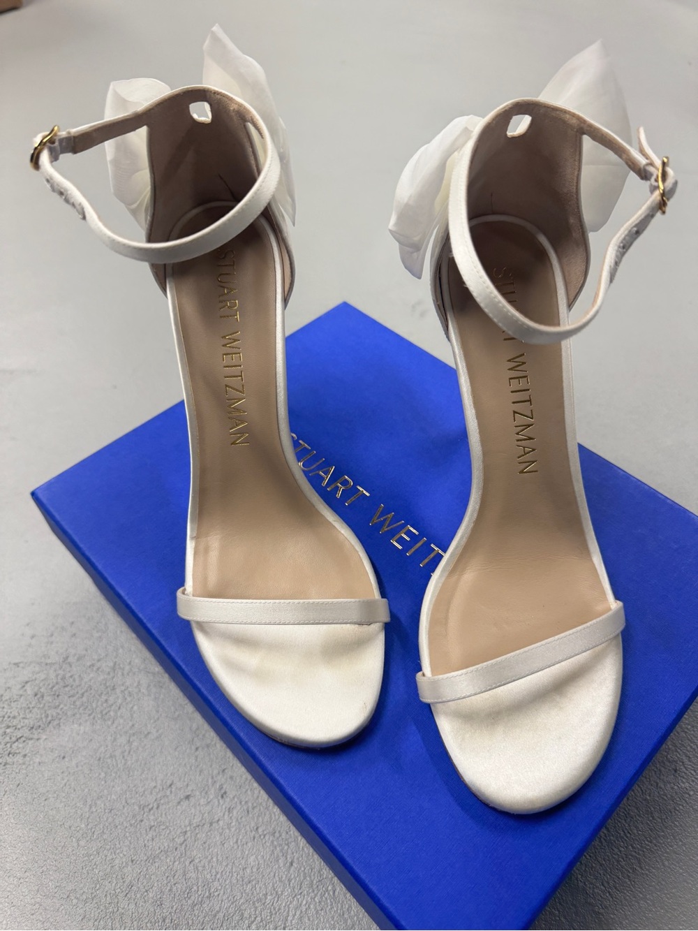 Stuart Weitzman White Bow Ankle-Strap Stiletto Heels